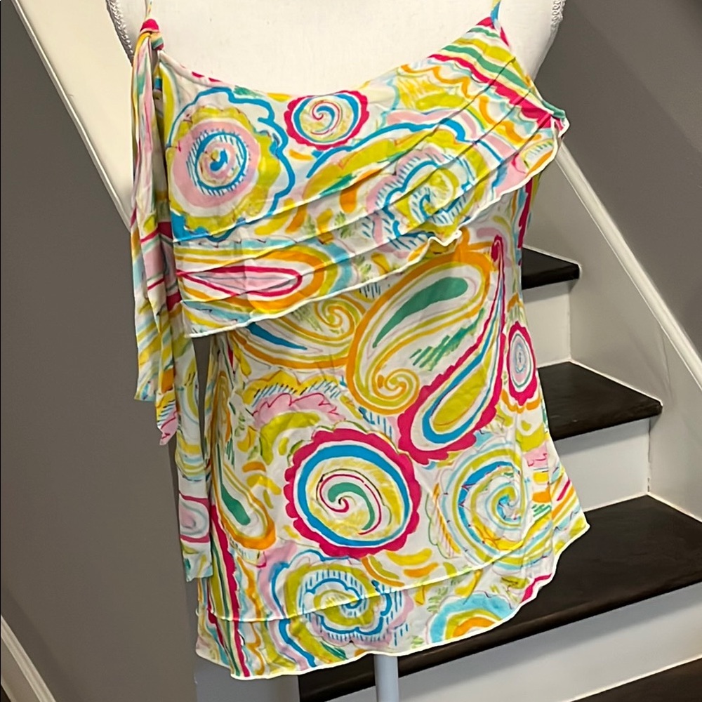 I.E. Petite Super Cute Summer Top. Ruffle on Top Adjustable Straps, Built in Bra